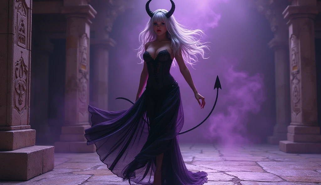 “Dance of Temptation":.

A sexy female devil dances on an ancient stone floor. She is dressed in a see-through black dress that accentuates her curves. Her dark eyes and red lips are seductive, and her long silver hair sways in the air. An aura of magical purple light surrounds her, and a stone wall inscribed with ancient spells is visible in the background. Aim for realistic depiction, make sure photos are at highest resolution (8K).