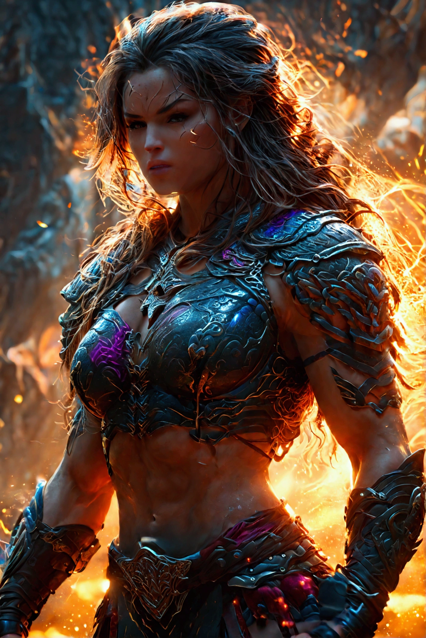 A powerful, (big muscle body:1.5) female, warrior in a dynamic battle pose, long flowing hair, fierce expression, intricate armor with glowing runes, dramatic lighting, cinematic camera angle, epic fantasy, vibrant colors, dramatic lighting, digital art, concept art style