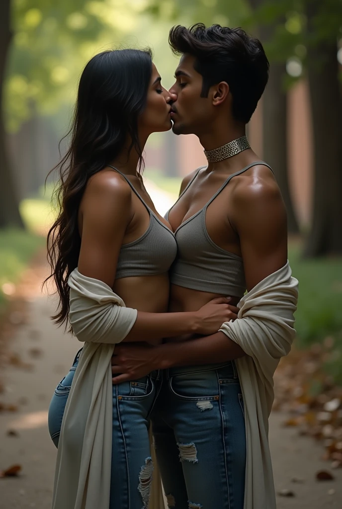 20 year Odia girl having perfect boob and wearing Long Open-Front Shrug & Silver Choker With Cami & Distressed Denims ,and kiss her 21 years boyfriend inside secret place of college 