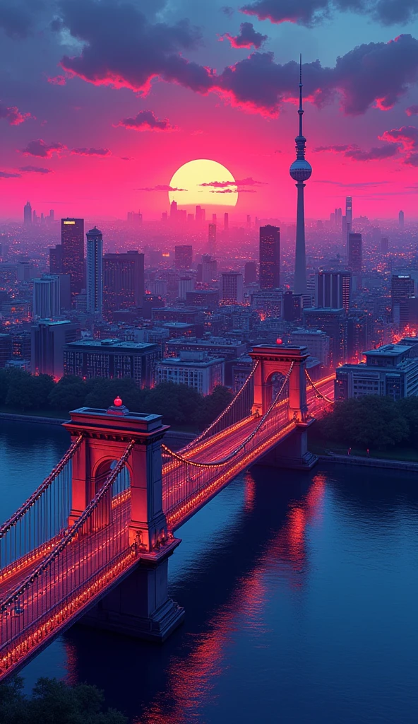 when sunset is coming,  berlin with beautiful view, with the big bridge - far bird view, rendered with detailed comic cartoon style, neon lights, miami vice vibes
