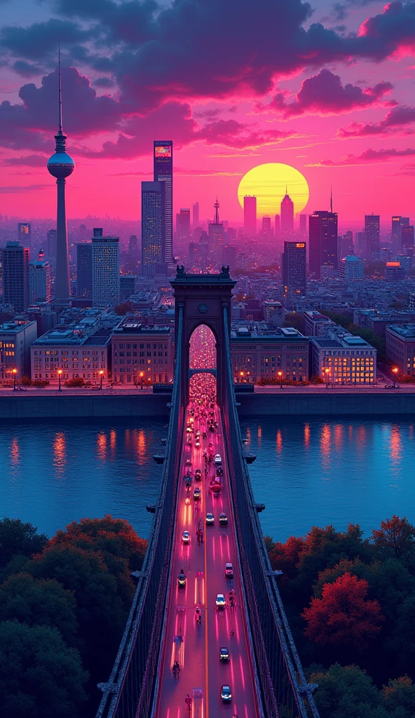 when sunset is coming,  berlin with beautiful view, with the big bridge - far bird view, rendered with detailed comic cartoon style, neon lights, miami vice vibes
