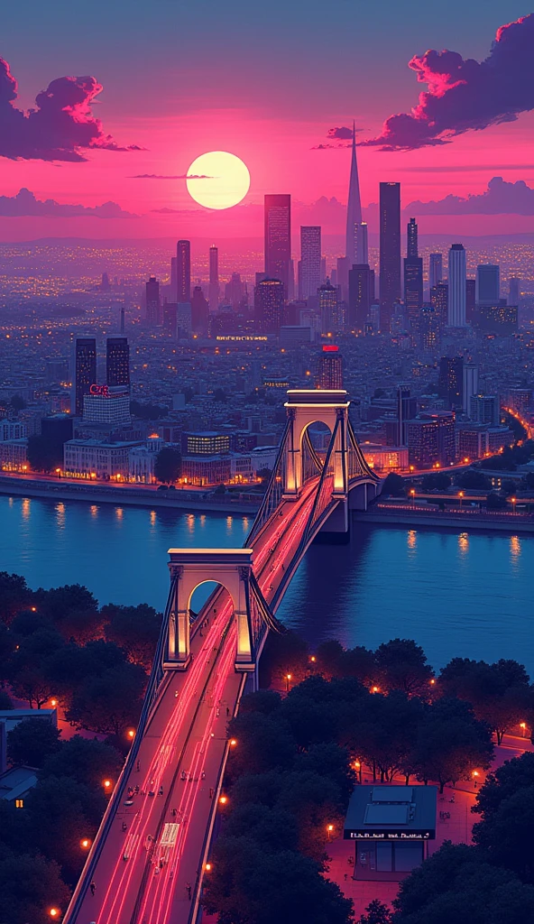 when sunset is coming, berlin with beautiful view, with the big bridge - far bird view, rendered with detailed comic cartoon style, neon lights, miami vice vibes