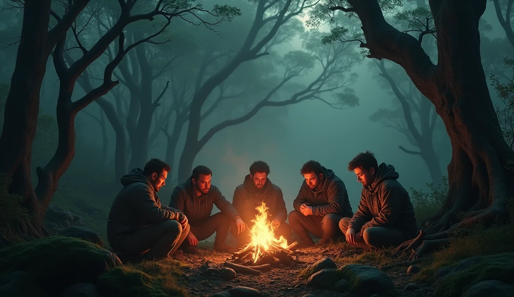 make a haunted forest, extremly scary,dark and somber tones, there is a campfire and a group of explorers around the campfire, extremely detaild, photoshot_\( ultra\), photoshotrealisitic, realisitic, Post-processing, Maximum details, roughness, real-life, ultrarealisitic, photoshotrealism, photoshotgraphy, 8k hd, photoshotgraphy