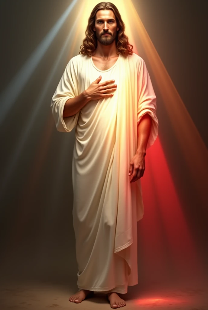 Full-length portrait of Jesus Christ standing, barefoot, face of Jesus from the front, beautiful and serene impressive realistic, Jesus of Nazareth, White tunic, right hand raised in a blessing position and the left on his chest, from where red rays come out on the right and pale rays on the left