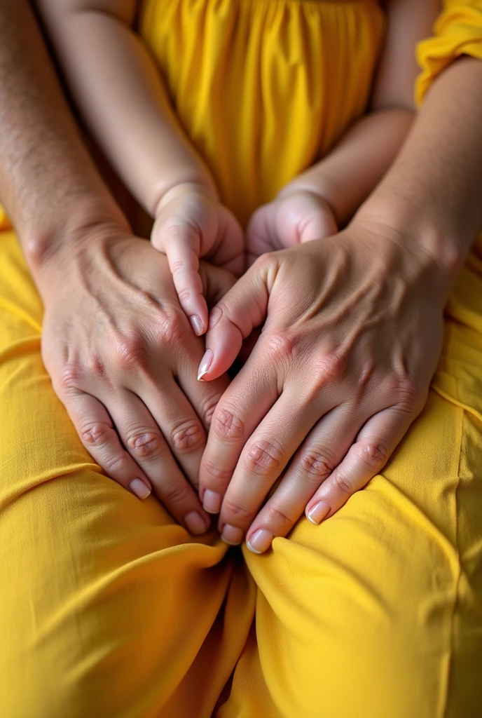 Photo of three hands, from grandma, of the mother and her one-year-old daughter, the hands are on top of a yellow linen dress.
