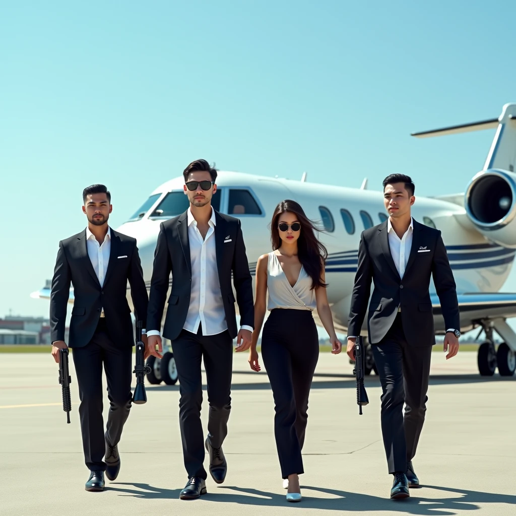 realistic image. A handsome young man with a Thai face, casually luxurious, expensive clothes, wearing sunglasses and a beautiful Thai woman in elegant, luxurious clothes, walked towards a white private jet with blue stripes parked on the tarmac. followed by two handsome Thai boduguards dressed in black suits, white shirts, black trousers, leather shoes, carrying replicas of assault weapons made in Belgium, with a blue sky as a background, the photo must be realistic, it must be full HD.