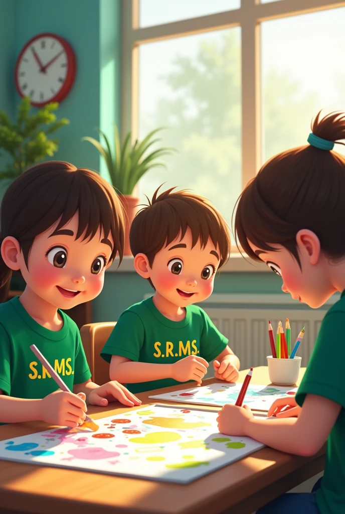 The children are making things of art and craft in the classroom. They have worn same uniform. The colour of the uniform is distemper green t -shirt.The school name "S. R. M. S'" is printed on the front of  their  T-shirt.

