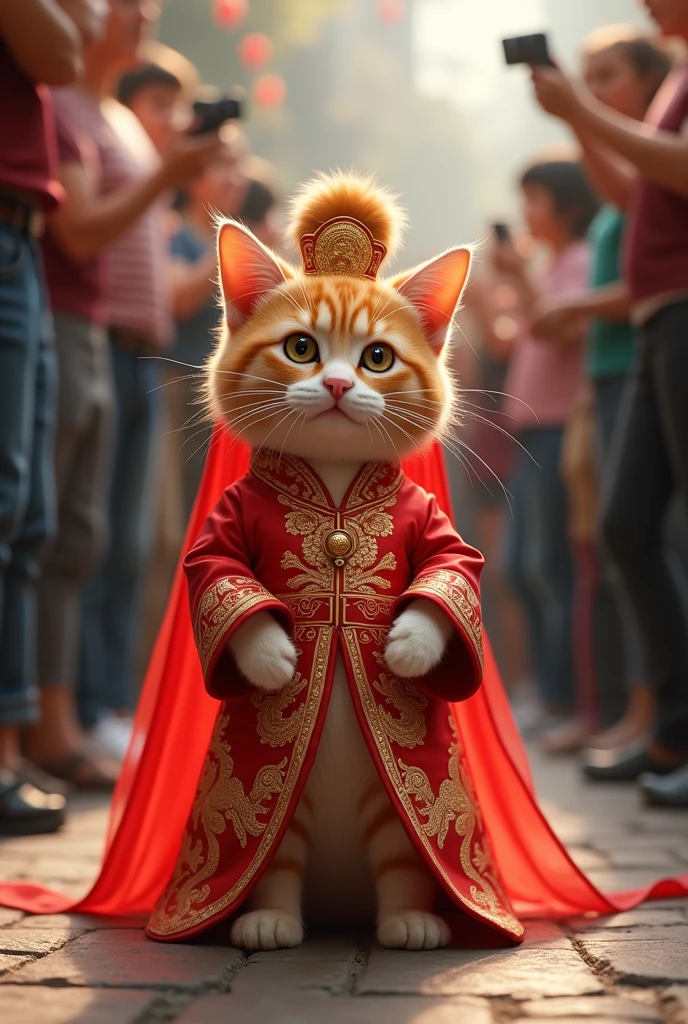 "A small orange tabby cat walks on two legs, showcasing a traditional Chinese bridal qipao in red silk with gold dragon motifs. Her long hair is styled in an elaborate bun with golden hairpins, and a red veil drapes over her head. The crowd is captivated, capturing the moment with their cameras."