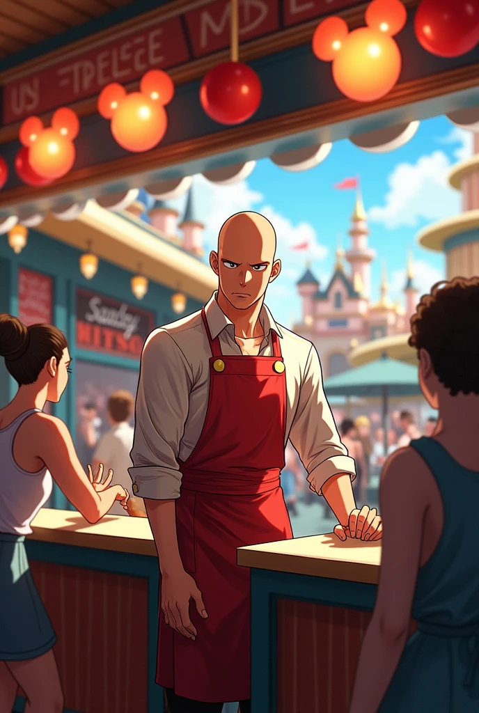 
Saitama working at a snack bar in Disneyland