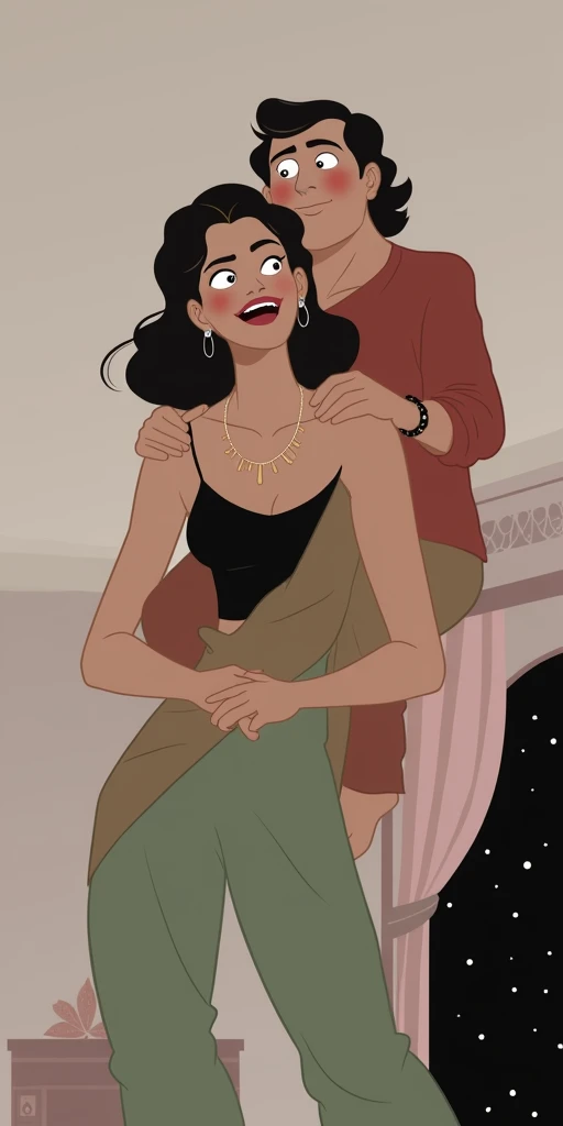 Beautiful and Slim Indian woman in black blouse red saree , lifting a large chubby man above her shoulders, man is sitting on woman's shoulders, natural smile, in a bedroom with high ceiling at night