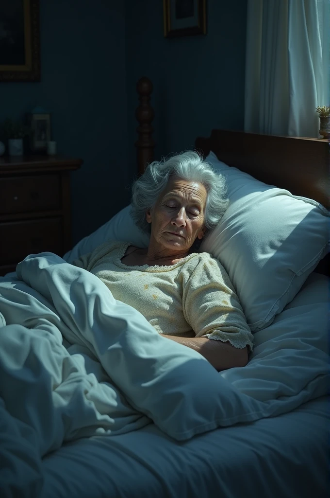 Old lady sleep in night in bed creative image 