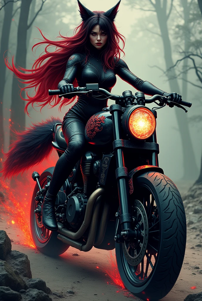 Create a black and red furred kitsune woman with a large cursed motorcycle. Gives her humanoid features, including face, body and hands.