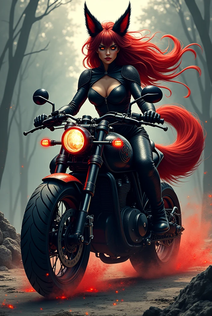 Create a black and red furred kitsune woman with a large cursed motorcycle. Gives her humanoid features, including face, body and hands.