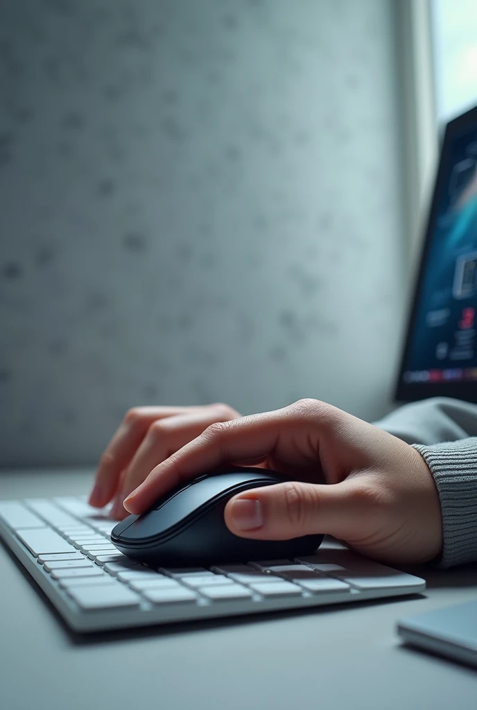 Hands holding mouse showing realistic style technological pc screen with opaque background in light gray colors