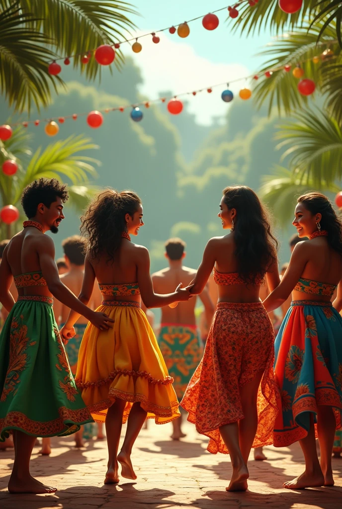 create an image of people dancing carimbó with Brazilian characteristics in a happy environment