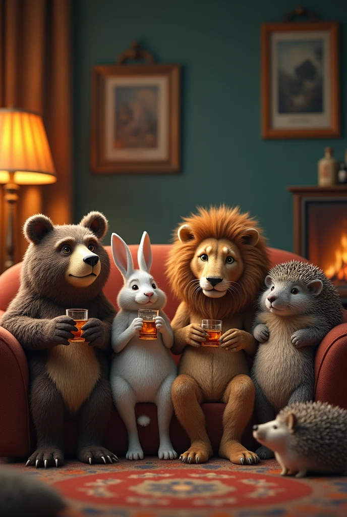 one-eyed bear, rabbit, lion, hedgehog sitting at home drinking brandy and watching TV