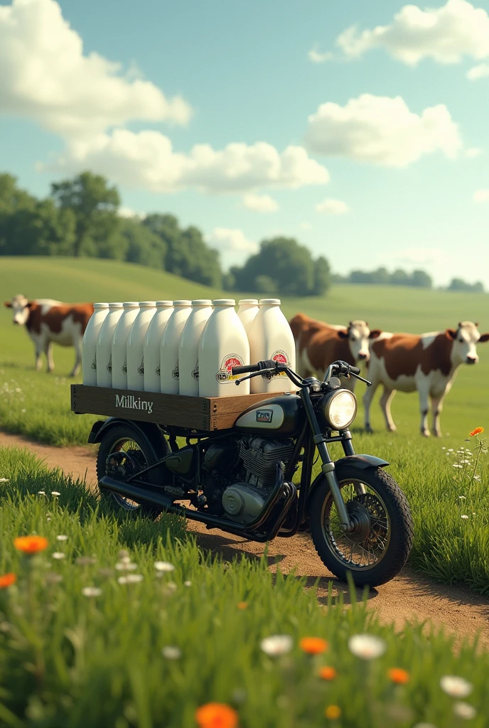 I need the image of a motorcycle cargo truck with milk containers, the environment should be in a pasture and cows around that are realistic