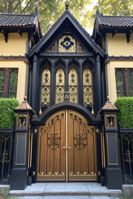 Gothic architecture、There are a lot of teddy bears、The exterior of the building is brown.、There is a little yellow、Mansion、Holiday Homes、antique、Once you enter the gate, you&#39;ll find a large area with a path leading up to it.、There is a building at the end of the path、Victorian atmosphere