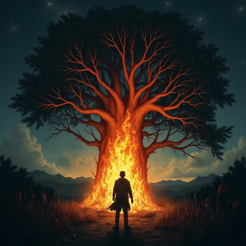 a man at night with the starry sky in front of a tree that burns ardently with fire and he is scared, the scene is dark and heavy, tense
