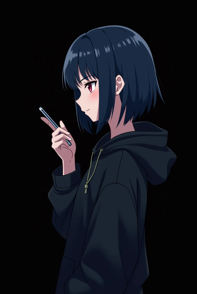 Anime girl , dark blue hair , modern day mullet hair style , black hoodie , red eyes , almond eye , using phone , blank black background , side view
