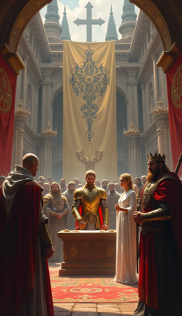 Illustrate a signing ceremony of a peace treaty between the kingdoms, kingdom with king arlock man with golden armor and crown, queen Ailith with her white cloak and her staff in her mage hand and the king of the dwarves a waist-high dwarf king of King ARLOCK with his bronze armor and his two-faced ax with leaders and representatives of the three kingdoms present. The setting should be a large hall or courtyard, with flags and symbols of each kingdom visible and architectural and clothing details consistent with medieval times.