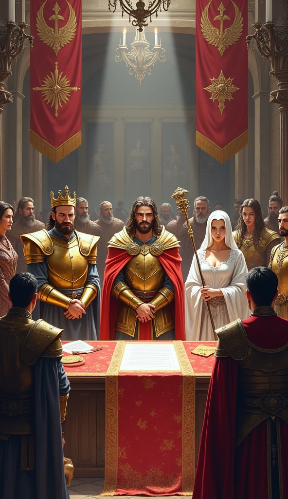 Illustrate a signing ceremony of a peace treaty between the kingdoms, kingdom with king arlock man with golden armor and crown, queen Ailith with her white cloak and her staff in her mage hand and the king of the dwarves a waist-high dwarf king of King ARLOCK with his bronze armor and his two-faced ax with leaders and representatives of the three kingdoms present. The setting should be a large hall or courtyard, with flags and symbols of each kingdom visible and architectural and clothing details consistent with medieval times.