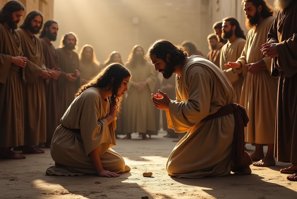 "An intense scene in the courtyard of the Jerusalem temple, with Jesus standing between the adulterous woman and her accusers. The woman, on her knees on the ground, is visibly frightened and ashamed, with her face partially covered by her hands. She is dressed in simple, torn and dirty, reflecting her humiliation. Around her, the accusers, men with stern expressions and full of indignation, hold stones in their hands, ready to throw Jesus, calm and compassionate, is leaning over, writing something on the ground with his finger. His gaze is steady but full of mercy as he prepares to speak his disarming words: 'Let him who is without sin among you be the first to throw a stone at her.' The tension in the air is palpable, and the soft light of dawn begins to illuminate the scene, symbolizing the hope and grace that is about to be revealed."