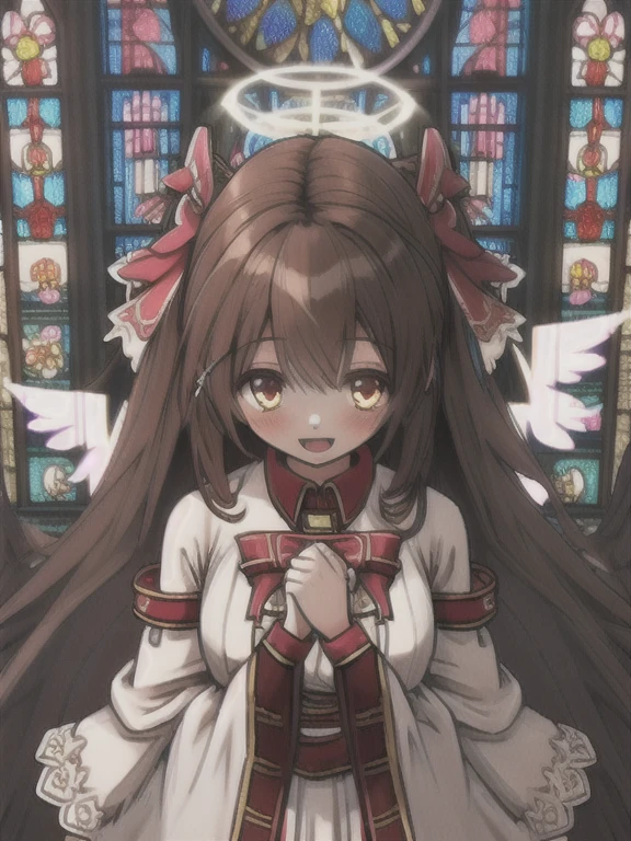 Masterpiece, best quality, transparent background, 1girl ,upper body, open mouth, from above, colour, heaven, heavenly, extremely detailed, good anatomy, smile, stained glass, church, halo, beautiful girl, brown eyes, brown hair, long hair, large chest, see-through angel wings, halo, hair ornament ribbon, knee socks,, more prism, vibrant color,
