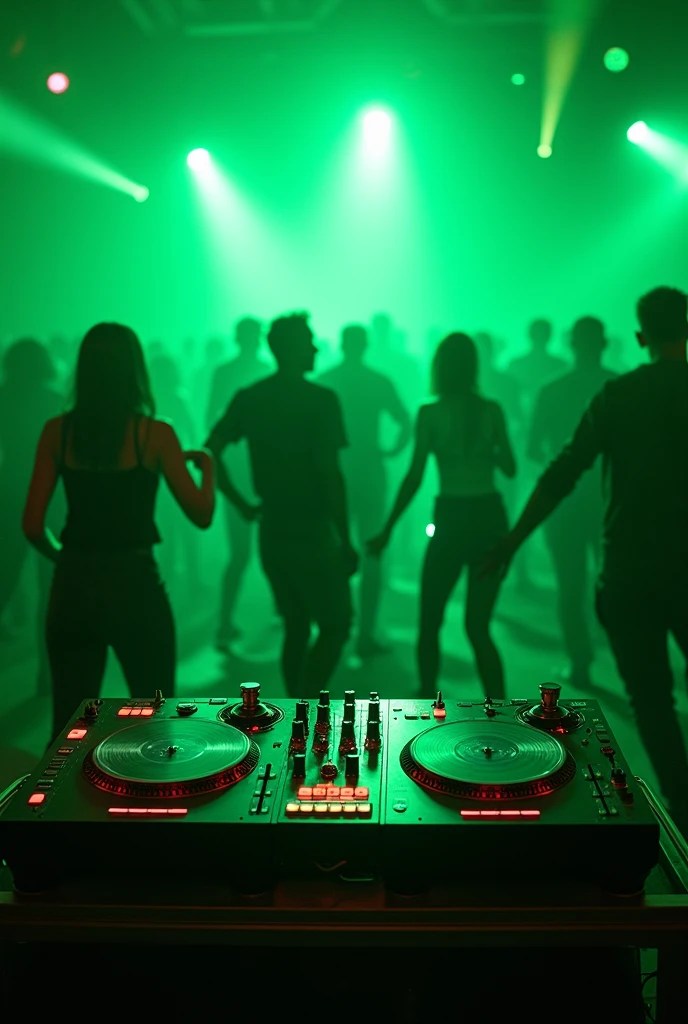 Dance Club, green lights, turntables in front