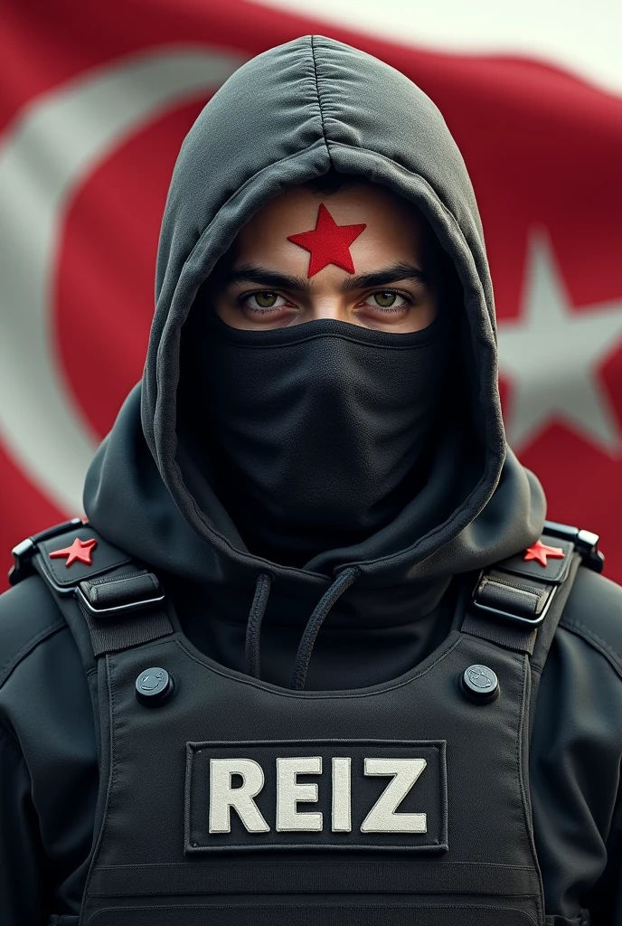 1.75 cm tall, 20 years old, male, 70 kg, with a red star and crescent on his head, a ski mask, a bulletproof vest, REIZ written on the bulletproof vest, a star and crescent flag underneath.