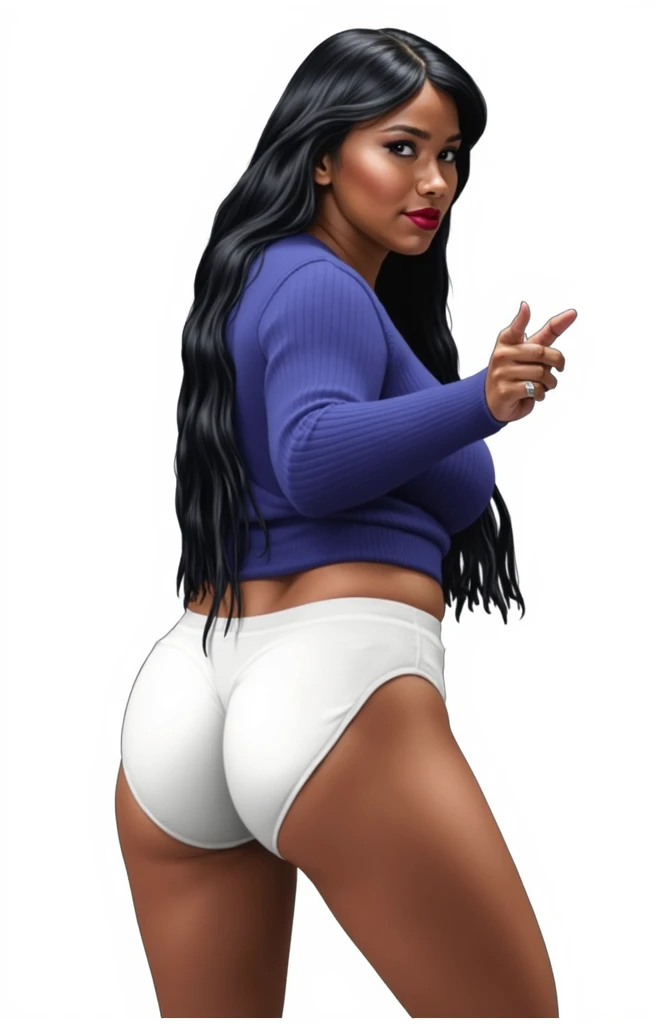 (masterpiece, best quality)), ((((perfect anatomy)))), Heavyset black woman with long black hair, dark eyeshadow, dark red lipstick, blue sweater, (((big white cotton ))), (((realistic art style)))
