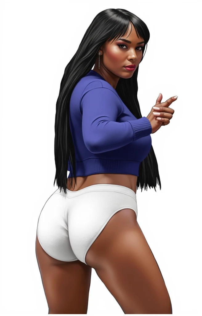 (masterpiece, best quality)), ((((perfect anatomy)))), Heavyset black woman with long black hair, dark eyeshadow, dark red lipstick, blue sweater, (((big white cotton panties))), (((realistic art style)))