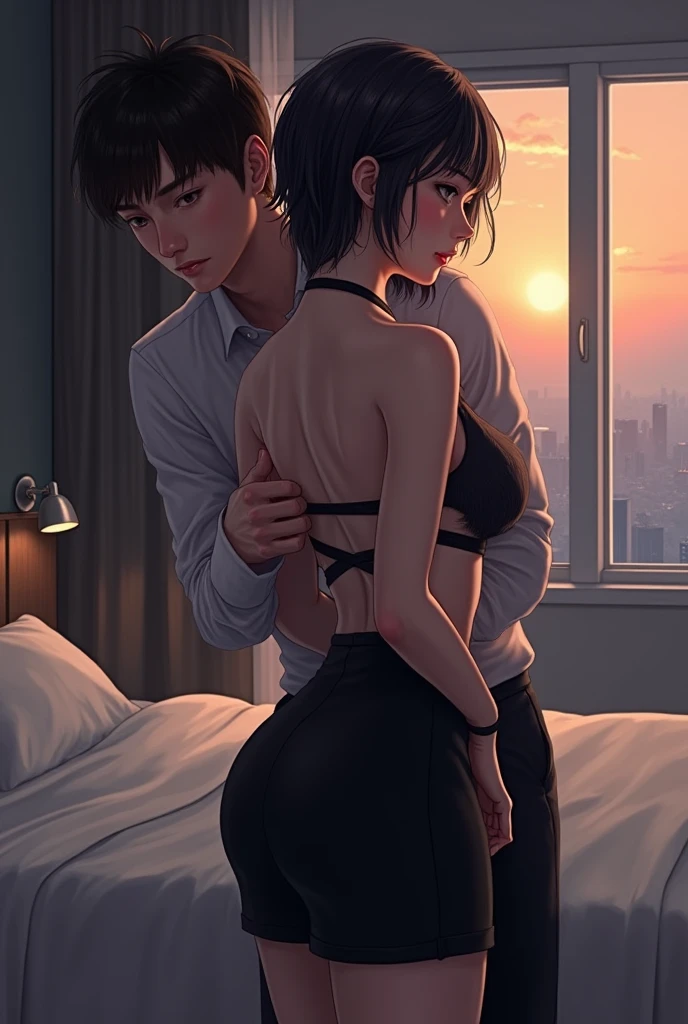 (Person, Japanese, short black hair, luxury city hotel room, wearing mini skirt, dress, red heels, stepping on a man,