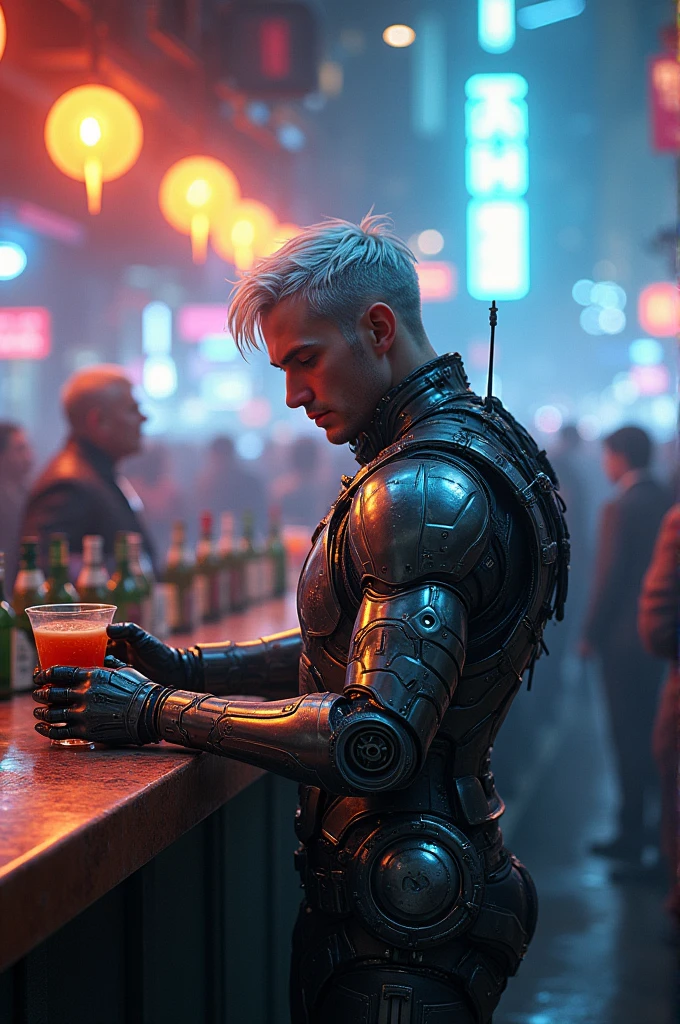 Silver-haired man in mechanical armor is pouring drinks at the bar, surrounded by lively crowds and cyberpunk-style scenes, with high-definition illustrations and detailed character design. Full-body close-up shots, neon lights, digital art techniques, rich colors, and a sense of mystery permeate the scene. The man is dressed in