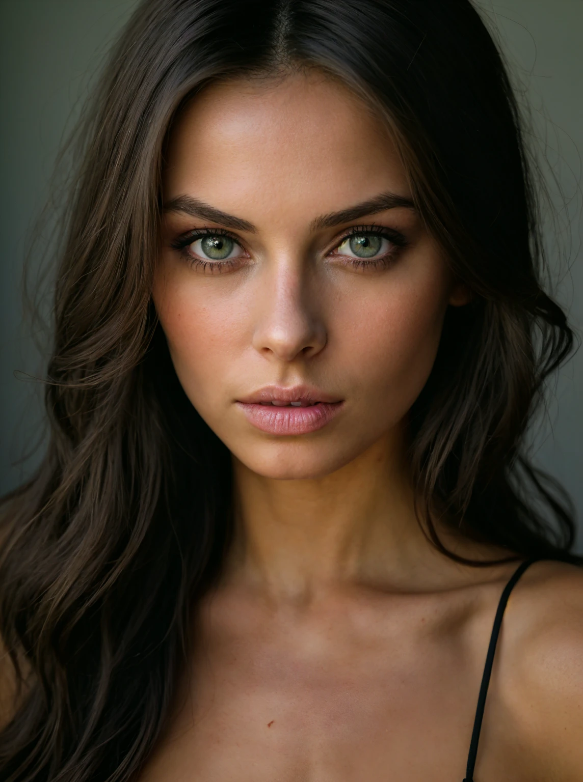 Femme de 26 ans, de taille mannequin. Cheveux châtains foncés, cheveux longs et naturellement lisse. Visage d’ange, traits précis et fins de visage. Yeux verts avec un regard timide. Corps naturel, mince avec une peau bronzée. Grain de beauté au-dessus de la lèvre supérieure de la bouche.