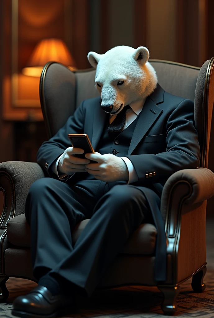 Generate for me a polar bear in a suit sitting in an armchair with a cell phone in his hand realistic style artificial intelligence. I want the scene to be as realistic as possible, it is a dark place with lights in it in 3D 4K