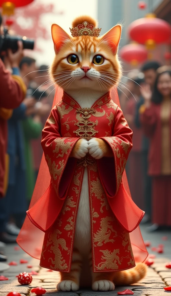 "A small orange tabby cat walks on two legs, showcasing a traditional Chinese bridal qipao in red silk with gold dragon motifs. Her long hair is styled in an elaborate bun with golden hairpins, and a red veil drapes over her head. The crowd is captivated, capturing the moment with their cameras."