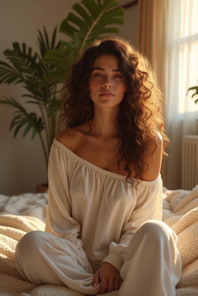 (photorealism:1.2), beautiful woman, sitting on bed, wearing loose off-shoulder top, pajama pants, long curly hair, indoors, soft lighting, plants in background, window with sunlight, cozy room, relaxed pose, realistic, intricate details, warm