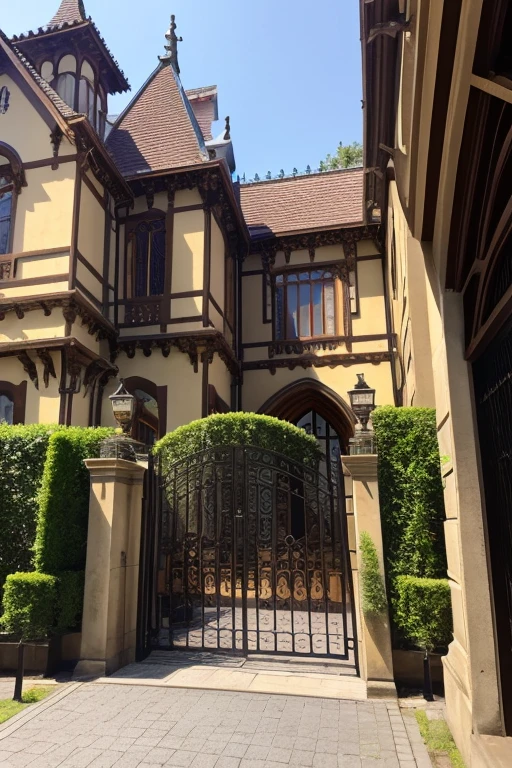 Gothic architecture、There are a lot of teddy bears、The exterior of the building is brown.、There is a little yellow、Mansion、Holiday Homes、antique、Once you enter the gate, you'll find a large area with a path leading up to it.、There is a building at the end of the path、Victorian atmosphere、The gate is open and the path leads to the front door
