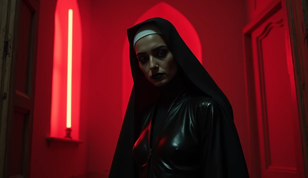 raw, Analogue) (gothic nun huge tits), Set in the 1990s, Surreal makeup, Leather clothing inside a gothic church at night, Neon lights, Very dark, terror, Shades of red, chaos, evil, High detail, Very realistic, Sony A7III, Cinema lighting, film, wheat, UHD faces, Volumetric shadow, insanely detailed,  