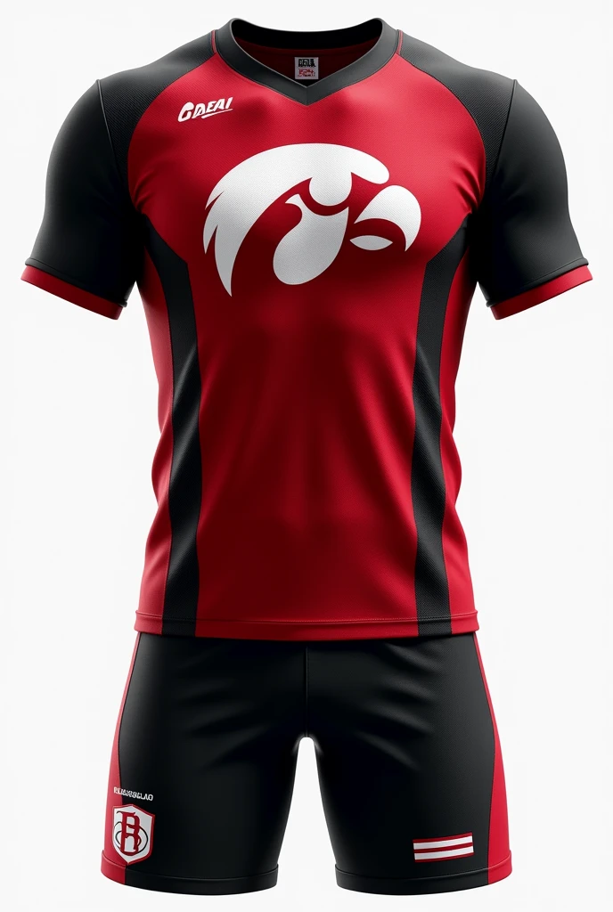 Complete red and black volleyball team uniform with white hawk logo
