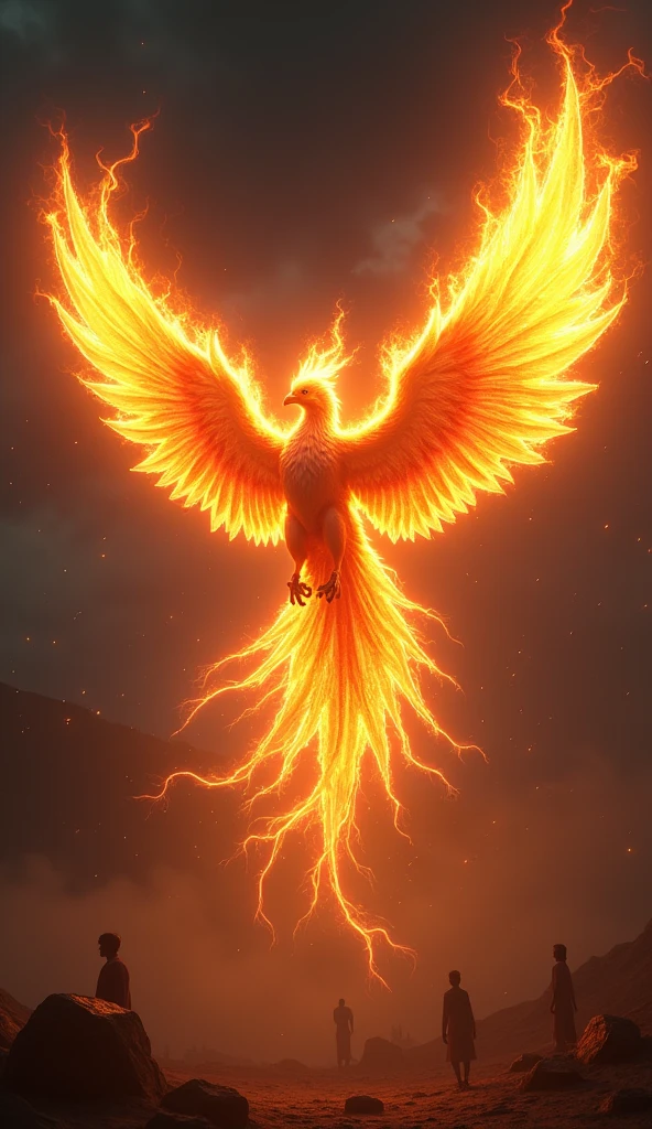 (Divine bird),(Fire Phoenix),(The fire outlined the phoenix's body),The phoenix flaps its wings,(Shining with golden light),solo,nigth,Multiple silhouettes,First-person elevation angle,super detailing,best qualtiy,masterpiece,8K,Extremely detailed,Epic artwork