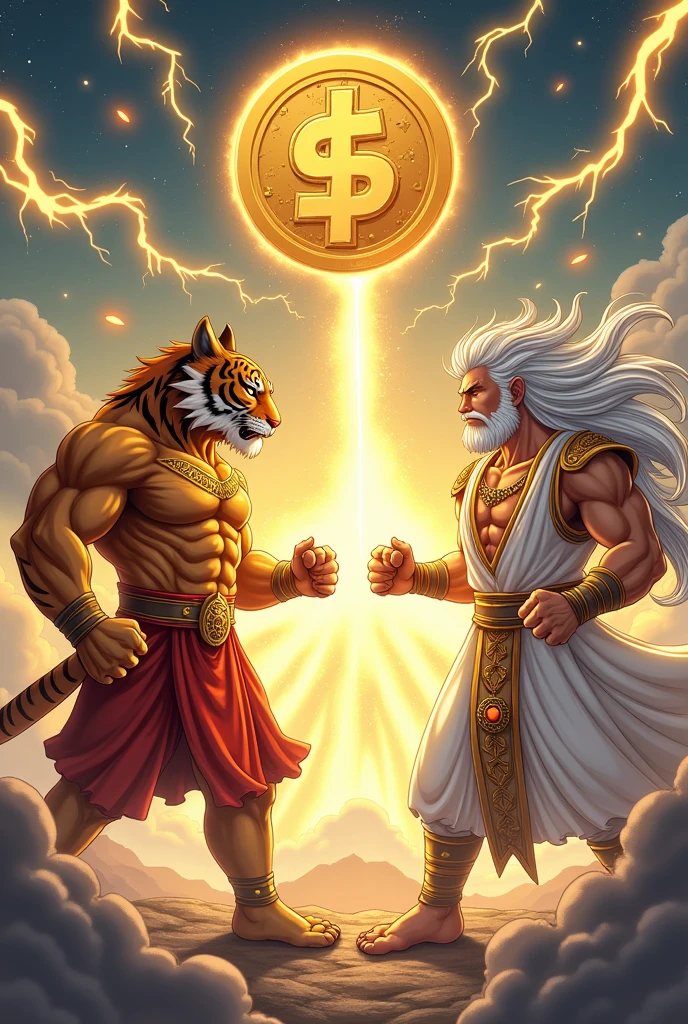 Create a dynamic fusion scene inspired by the classic fusion pose from popular anime. The scene should feature two distinct characters: Character 1 (Fortune Tiger): An anthropomorphic tiger with a strong and muscular build, wearing a traditional Chinese golden outfit with red accents. The tiger is in a fusion stance, pointing one finger toward the other character. Character 2 (Gate of Olympus - Thunder God): A Zeus-like figure with flowing white hair and a long beard, dressed in a white Greek toga with golden details. This character mirrors the tiger’s pose, with one finger pointed toward the tiger. Effects: From the point where their fingers meet, lightning bolts and sparks should burst forth, symbolizing their fusion. In the center of the image, between the two characters, a large golden coin is being conjured, glowing brightly. Background: The background should be an epic, celestial setting with dramatic clouds, lightning, and a golden aurora to create a mystical atmosphere. The overall scene should convey a sense of power and unity