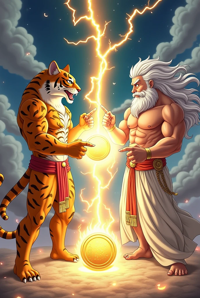 Create a dynamic fusion scene inspired by the classic fusion pose from popular anime. The scene should feature two distinct characters: Character 1 (Fortune Tiger): An anthropomorphic tiger with a strong and muscular build, wearing a traditional Chinese golden outfit with red accents. The tiger is in a fusion stance, pointing one finger toward the other character. Character 2 (Gate of Olympus - Thunder God): A Zeus-like figure with flowing white hair and a long beard, dressed in a white Greek toga with golden details. This character mirrors the tiger’s pose, with one finger pointed toward the tiger. Effects: From the point where their fingers meet, lightning bolts and sparks should burst forth, symbolizing their fusion. In the center of the image, between the two characters, a large golden coin is being conjured, glowing brightly. Background: The background should be an epic, celestial setting with dramatic clouds, lightning, and a golden aurora to create a mystical atmosphere. The overall scene should convey a sense of power and unity