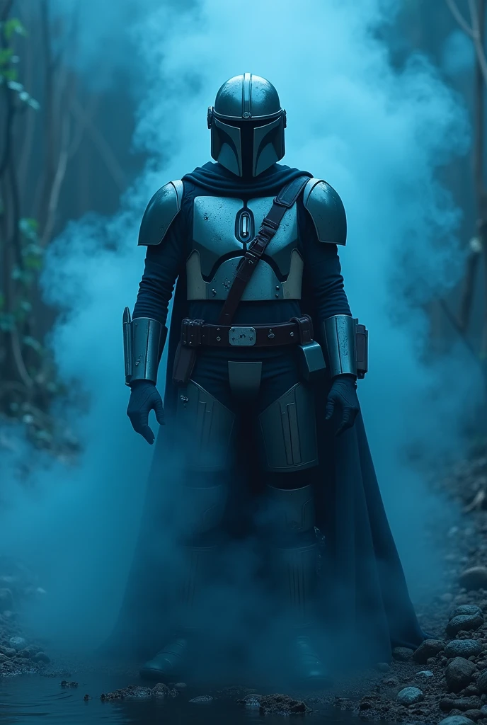close up, Mandalorian from Star Wars, Ghost, Dark, gotik, 3d, Ultra Detailed, blue transparent smoke around, realistic style, Old ht Pond, full - body,
