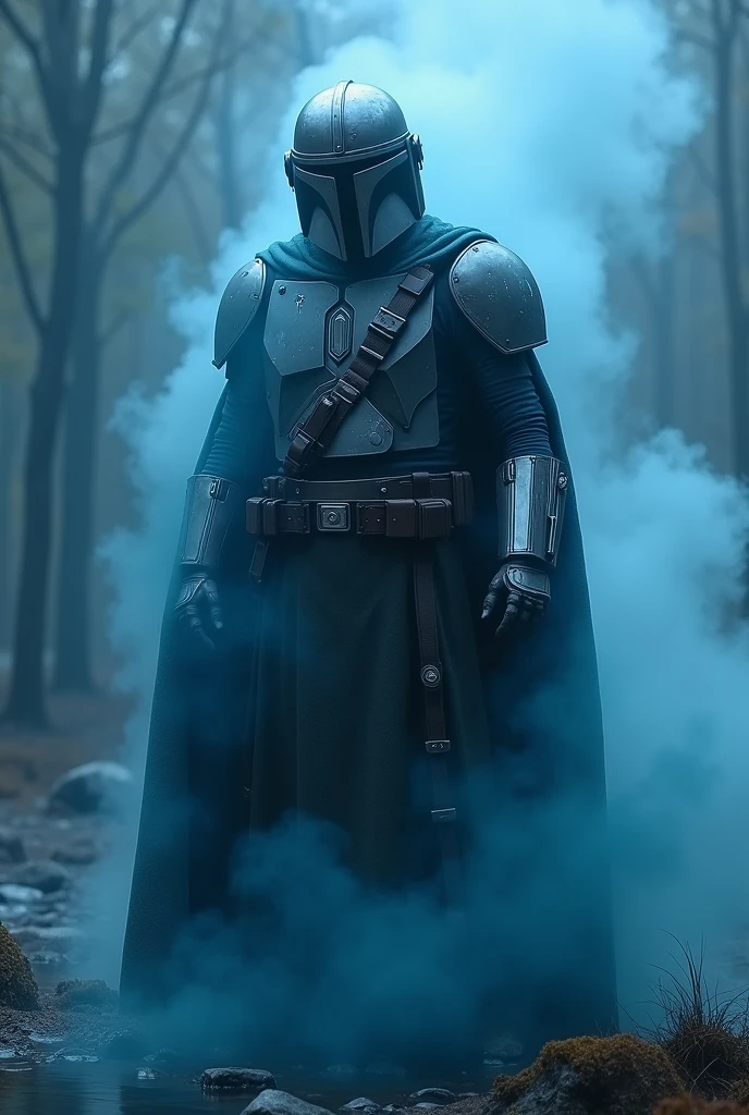 close up, Mandalorian from Star Wars, Ghost, Dark, gotik, 3d, Ultra Detailed, blue transparent smoke around, realistic style, Old Night Pond, full - body,