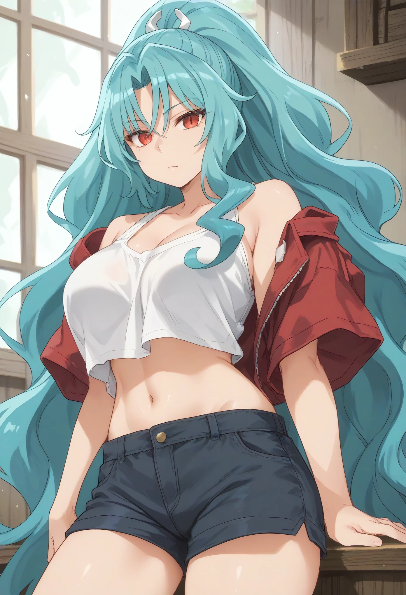 long hair aqua hair ponytail red eyes,slit pupils,big breast,,top tank,shorts,midriff,navel
