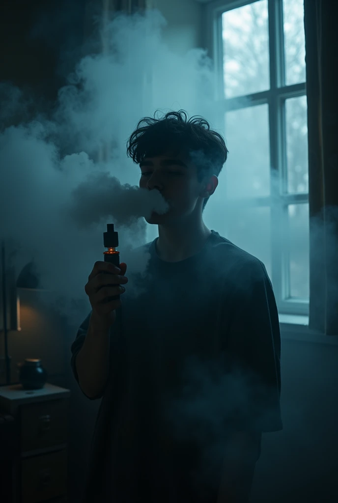 A teenager vaping in the dark room full of smoke