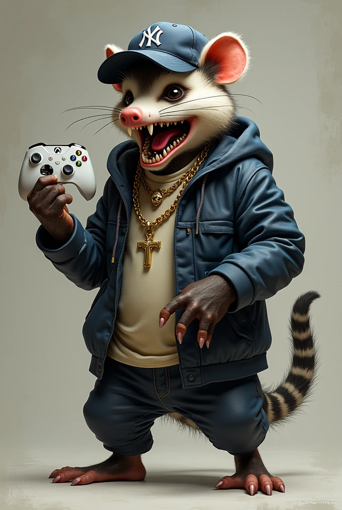 generates an opossum with an aggressive appearance that has a closed fist in its left hand and is holding an Xbox controller in the other., on his head a Yankees cap, with a t-shirt and a gold chain with a crucifix and an anchor and some Nike Jordan sneakers with a purple background