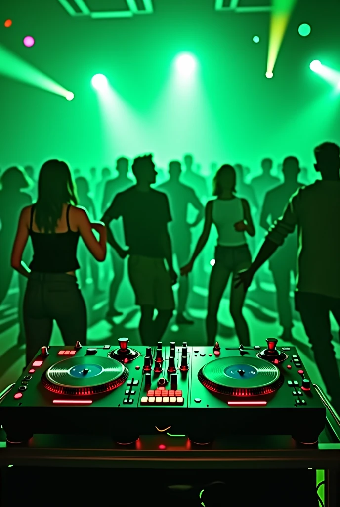Dance Club, green lights, turntables in front